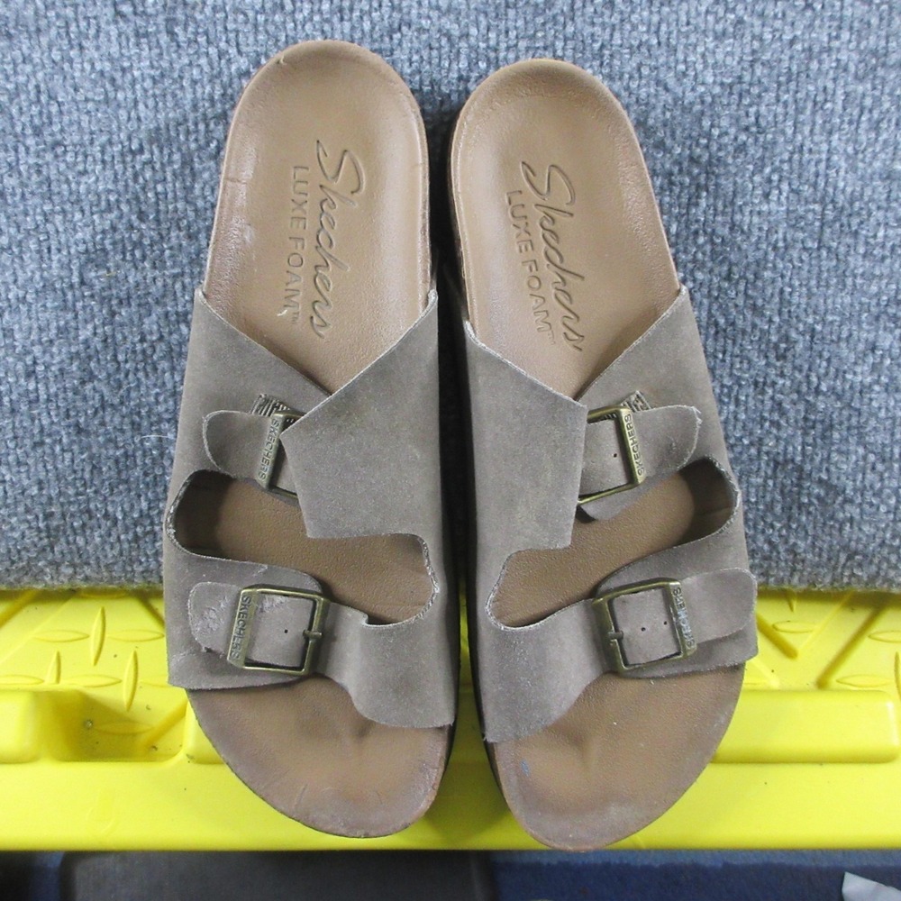 Skechers Luxe Foam Slide Sandals Womens‎ Size 9 Brown Suede Buckle Comfort